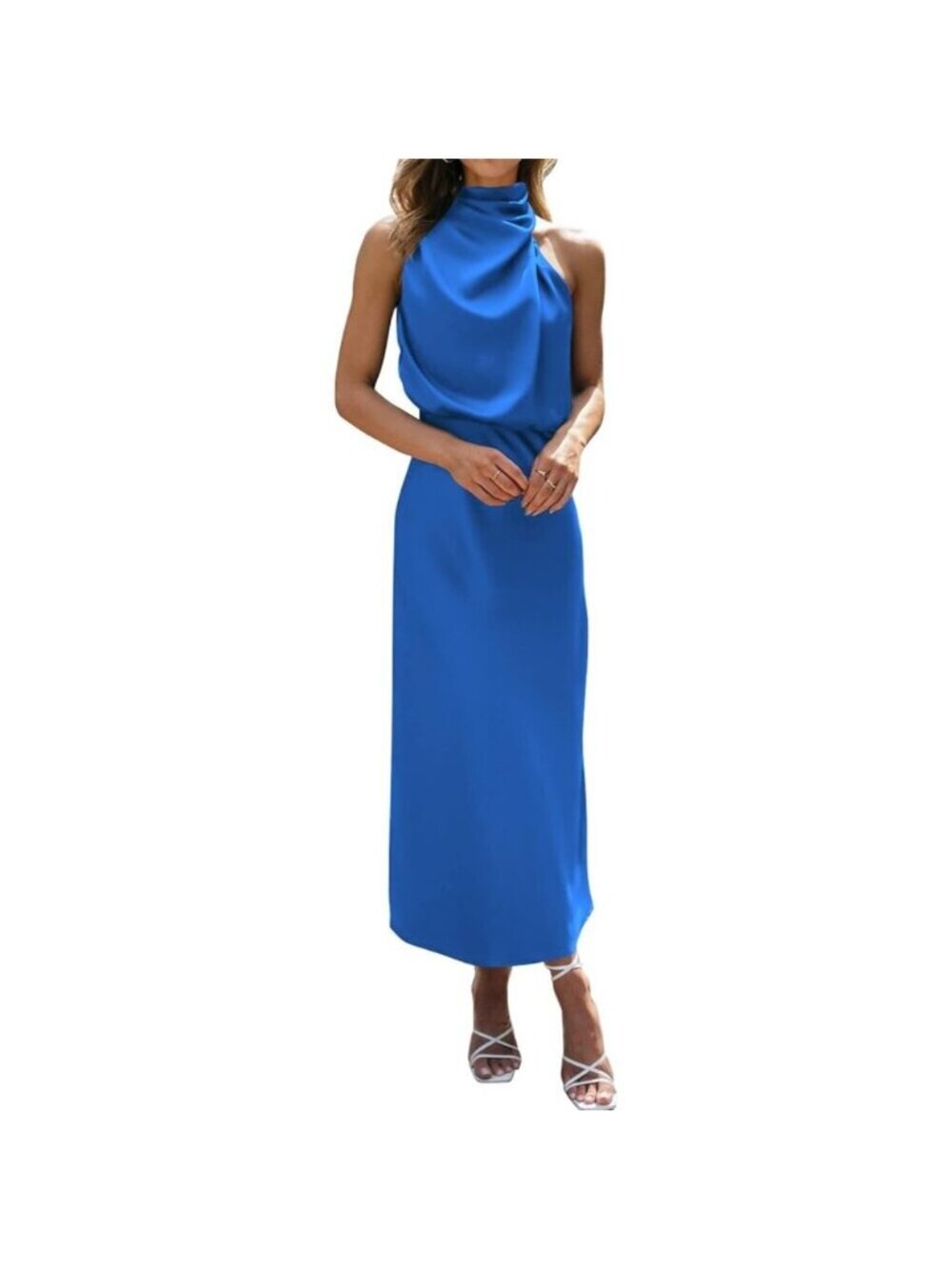 Women's Brilliant Blue Cocktail Dress for Satin Silk Sleeveless High Waist Maxi